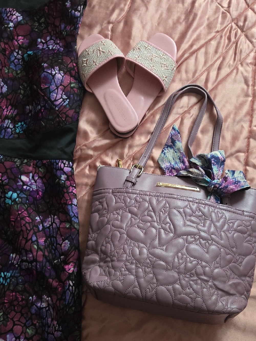 Betsey Johnson Lavender Quilted Tote with Floral Scarf Accent